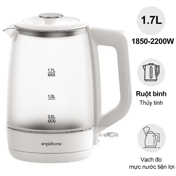 Bình Đun Siêu Tốc Thủy Tinh Simplehome G1318 1.7 Lít