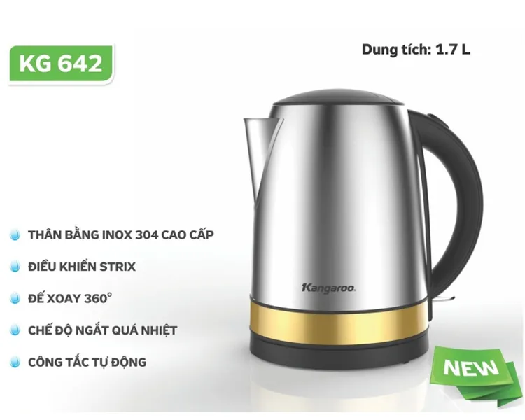 Bình Đun Siêu Tốc Inox Kangaroo KG642 1.7 Lít