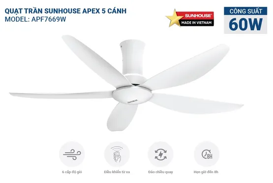 Quạt Trần 5 Cánh Sunhouse Apex APF7669W 60W 1