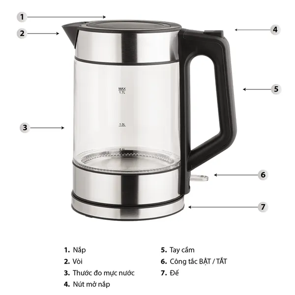 Bình Đun Siêu Tốc Thủy Tinh Simplehome HHB6707-2 1.7 Lít