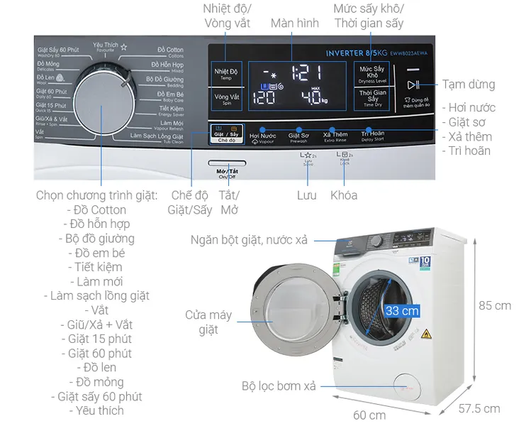 Máy Giặt Sấy Electrolux Inverter 8/5 Kg EWW8023AEWA