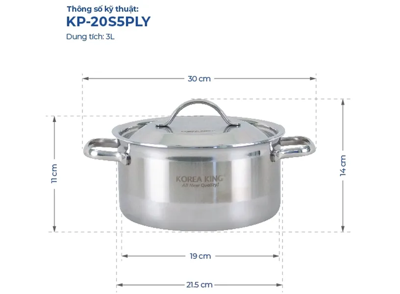 Nồi Inox 5 Lớp Đáy Liền Korea King KP-20S5PLY 3 Lít