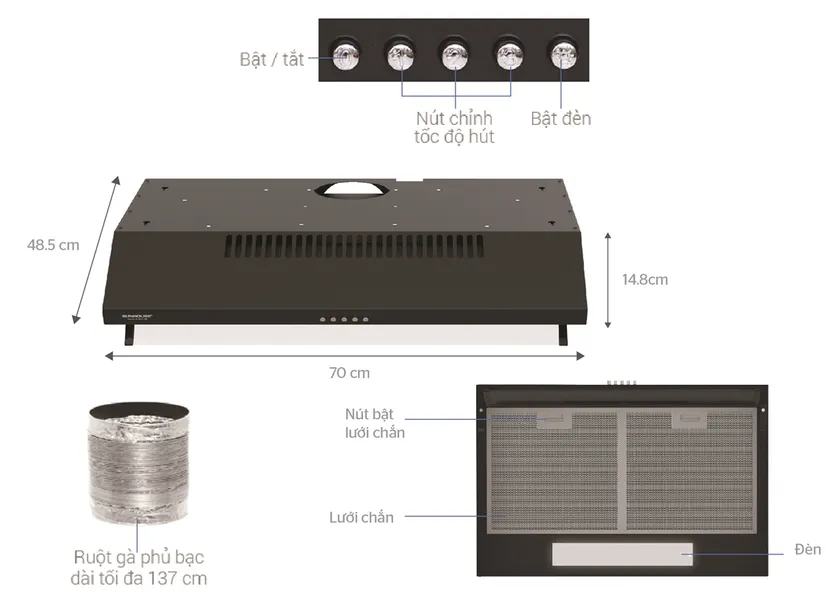 Máy hút mùi vỏ sơn Sunhouse SHB6118B