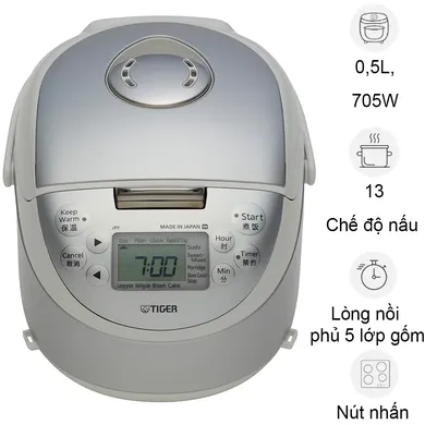 Nồi Cơm Điện Tử Cao Tần Tiger JPF-A55W 0.5 Lít, Màu Xám - Nhật Bản