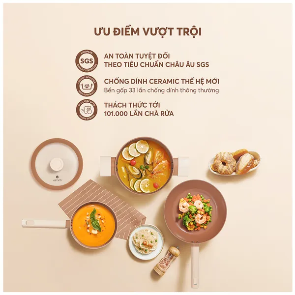 Bộ Nồi Chống Dính Ceramic Elmich Mocha EL5243MC04 Size 18,20,24, Quánh 16cm