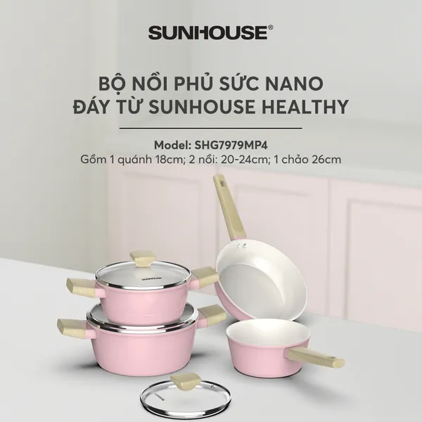 Bộ Nồi Phủ Sứ Nano Đáy Từ Sunhouse Healthy SHG7979MP4