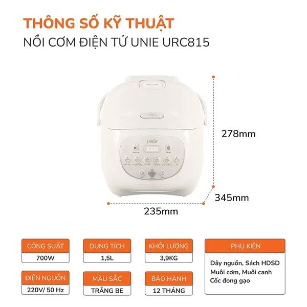 Nồi Cơm Điện Tử Unie URC815 1.5 Lít