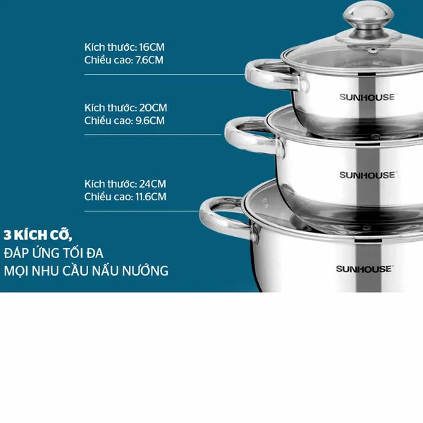 Bộ nồi inox 3 đáy Sunhouse SH334 16-20–24 cm