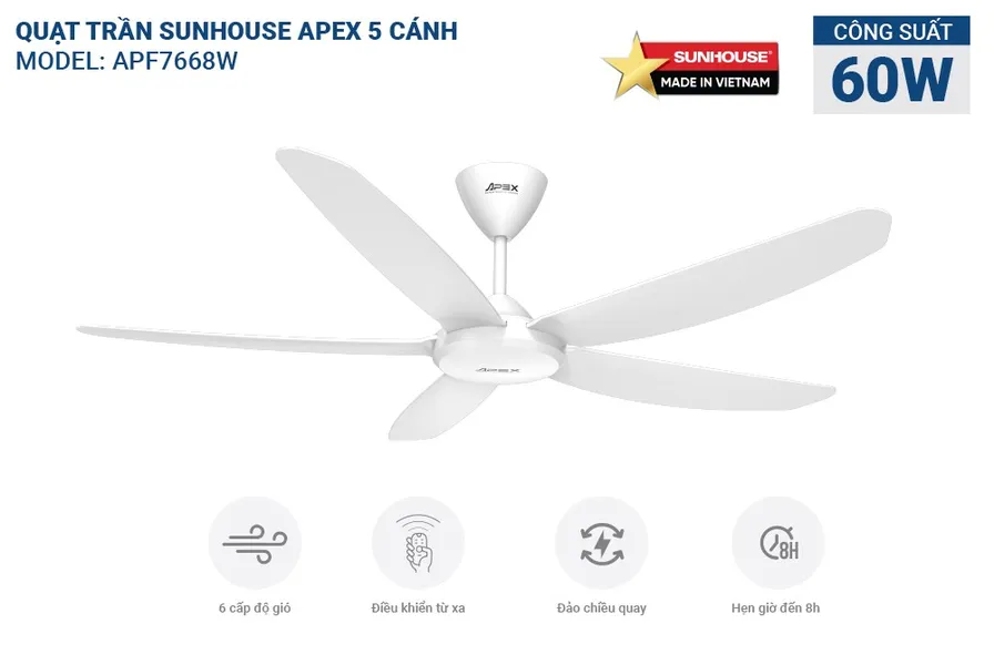 Quạt Trần 5 Cánh Sunhouse Apex APF7668W 60W