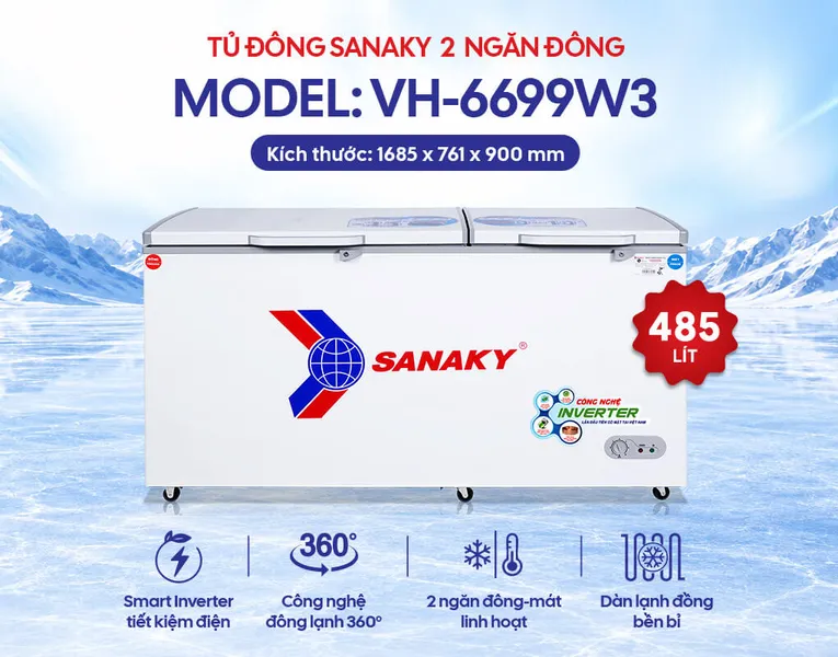 Tủ Đông Mát Sanaky Inverter 485 Lít VH-6699W3