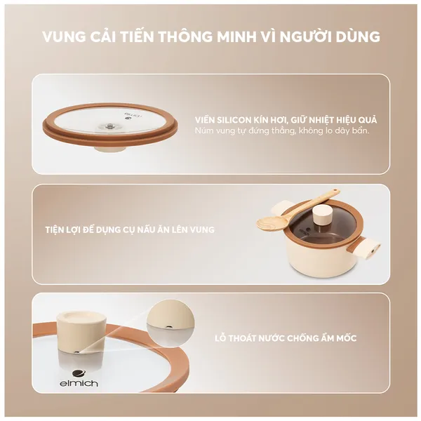 Bộ Nồi Chống Dính Ceramic Elmich Mocha EL5243MC04 Size 18,20,24, Quánh 16cm