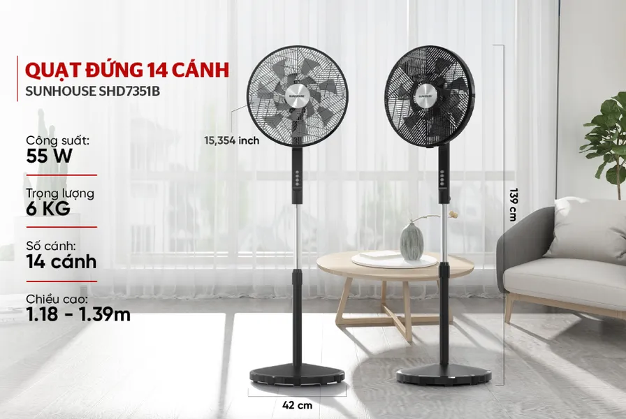 Quạt Đứng 14 Cánh Sunhouse SHD7351B 55W