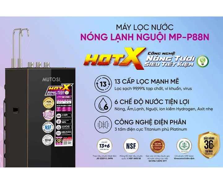 Máy Lọc Nước RO Nóng Tươi Hydrogen Ion Kiềm Mutosi MP-P88N 10 Lõi