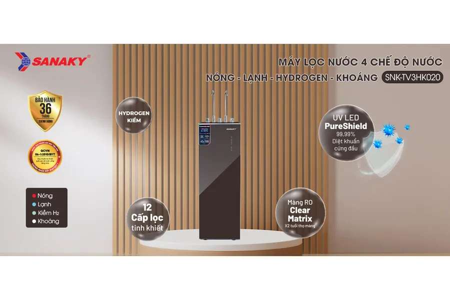 Máy Lọc Nước Sanaky Nóng Lạnh Hydrogen Khoáng 12 Lõi SNK-TV3HK020 Làm Lạnh Bằng Block