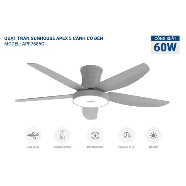 Quạt Trần 5 Cánh Có Đèn Sunhouse Apex APF7685G
