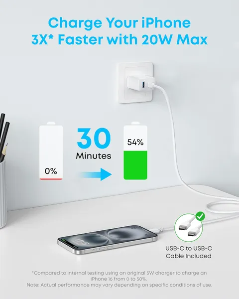Củ Sạc Anker 312 1C1A 20W (with USB-C Cable) Trắng (White) B2B_B2348