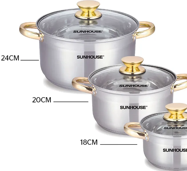 Bộ nồi inox 5 đáy Sunhouse SH781 16-20-24 cm