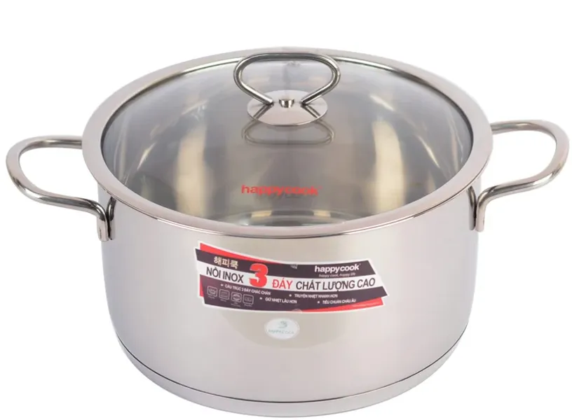 Nồi inox cao cấp 3 đáy nắp kính Happycook Delux N16-DLGP 16 cm