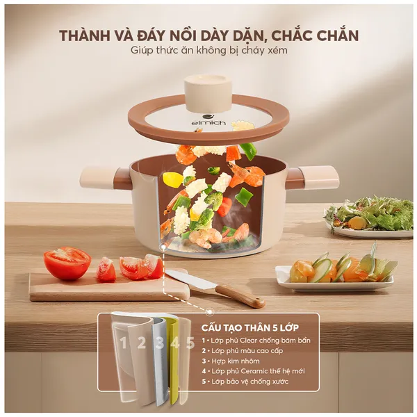 Bộ Nồi Chống Dính Ceramic Elmich Mocha EL5243MC04 Size 18,20,24, Quánh 16cm