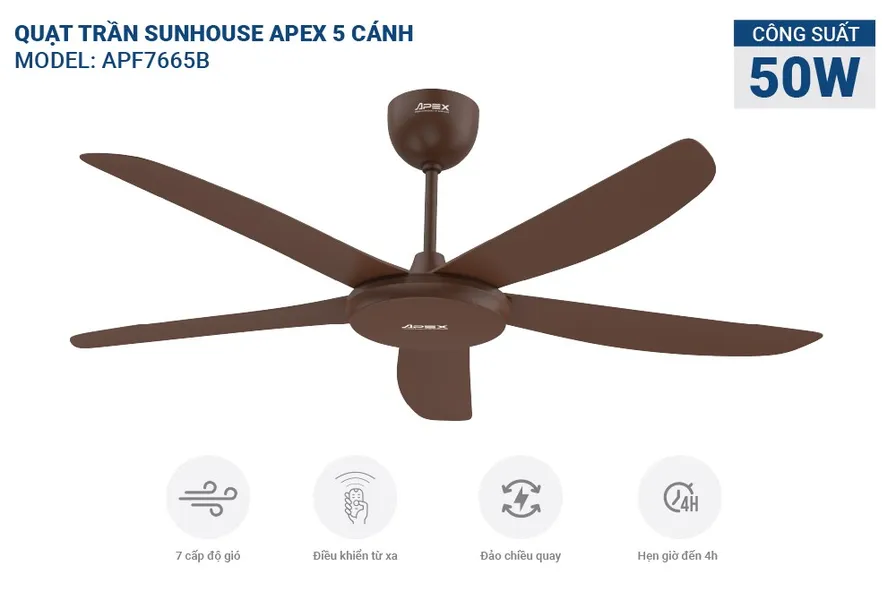 Quạt Trần 5 Cánh Sunhouse Apex APF7665B 50W