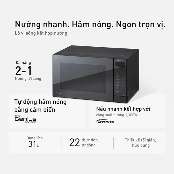 Lò Vi Sóng Inverter Kết Hợp Nướng Panasonic NN-GT65QBYUE 31 Lít