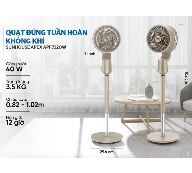 Quạt Đứng Tuần Hoàn Không Khí Có Remote Sunhouse Apex APF7320GY