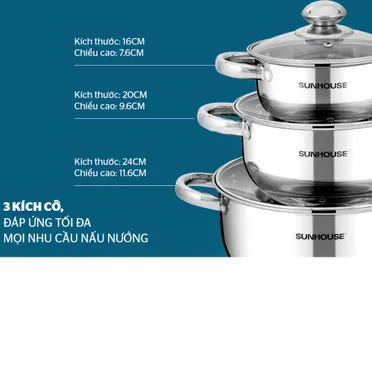 Bộ nồi inox 3 đáy Sunhouse SH334 16-20–24 cm 1