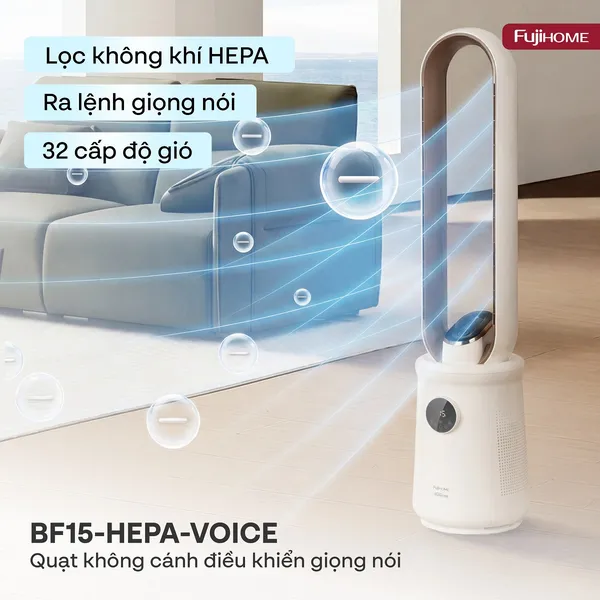 Quạt Không Cánh Điều Khiển Giọng Nói Fujihome Luxury BF15-HEPA-VOICE (Màu đen)