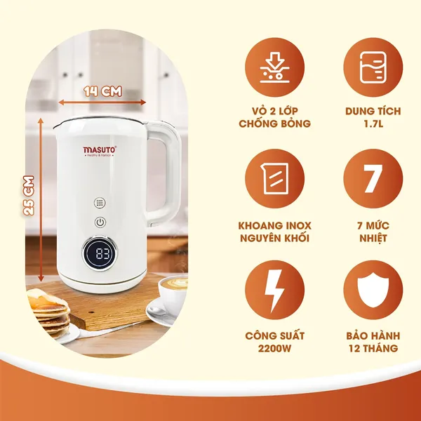 Ấm Đun Siêu Tốc 2 Lớp Masuto MSNAMI 1.7 Lít
