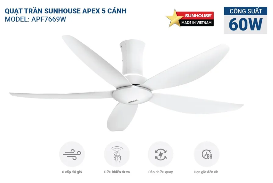 Quạt Trần 5 Cánh Sunhouse Apex APF7669W 60W