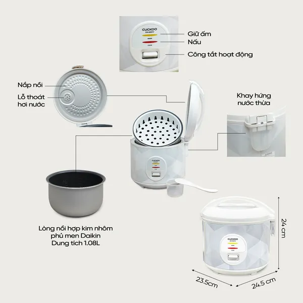 Nồi Cơm Điện Cuckoo CR-0601V/GRGRCRVNCKV Màu Xám 1.0 Lít