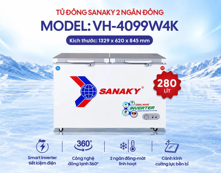 Tủ Đông Mát Sanaky Inverter 280 Lít VH-4099W4K