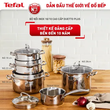 Bộ 5 Nồi Inox Cao Cấp Tefal Duetto Plus, Gồm Quánh 16cm/Nồi 18cm/Nồi 20/Nồi 22cm/Nồi 24cm 0