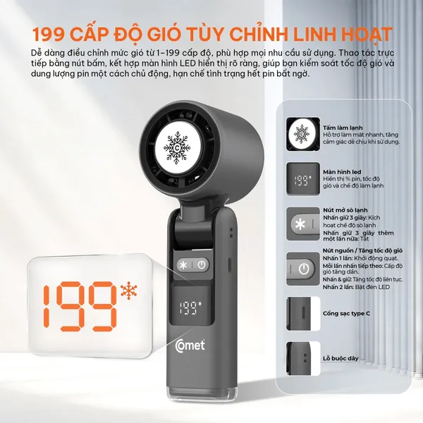Quạt Sạc Cầm Tay Có Sò Lạnh Comet CRF1302 10W