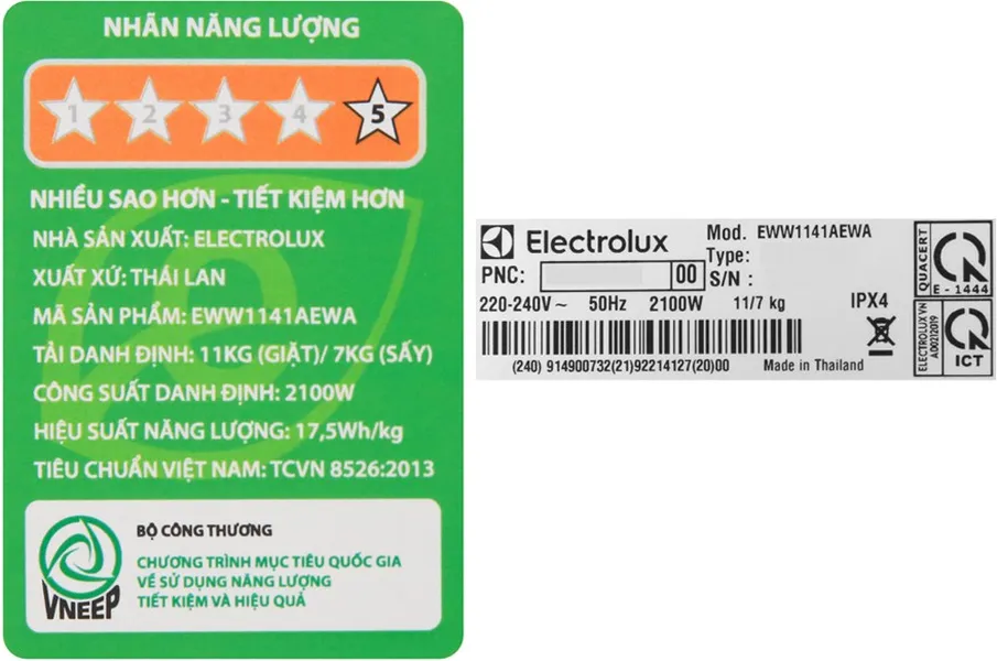 Máy Giặt Sấy Electrolux Inverter 11/7 Kg EWW1141AEWA
