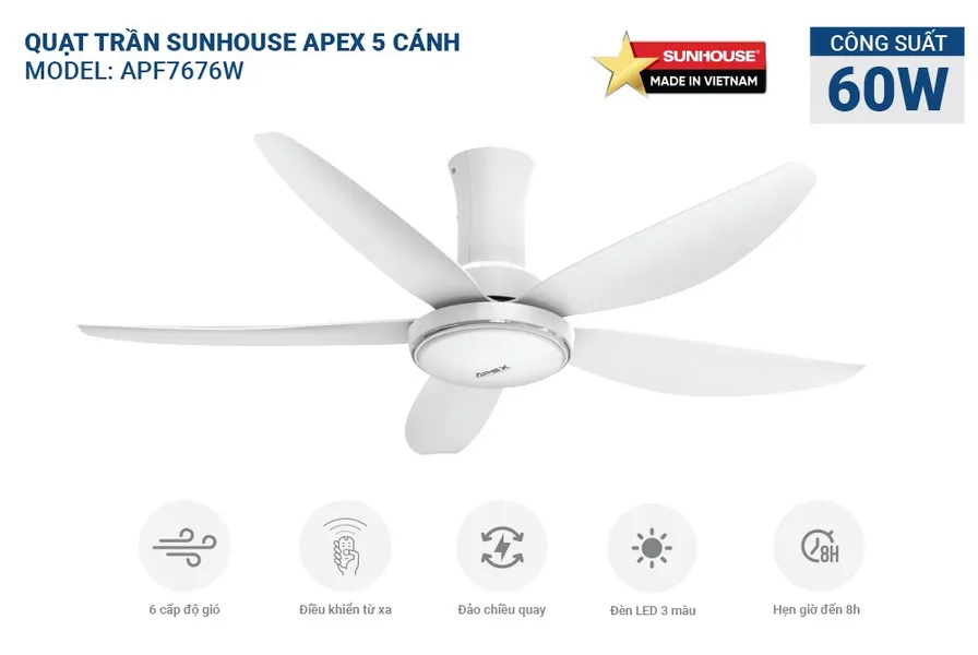 Quạt Trần 5 Cánh Có Đèn Sunhouse Apex APF7676W 60W