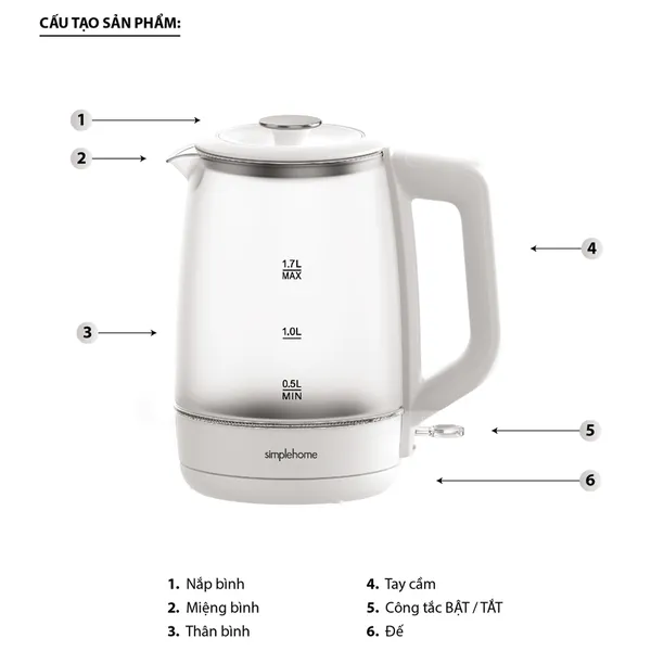 Bình Đun Siêu Tốc Thủy Tinh Simplehome G1318 1.7 Lít