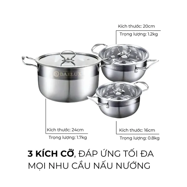 Bộ 3 Nồi Inox 304 Đáy Từ 5 Lớp Daelux DXSP-GS3