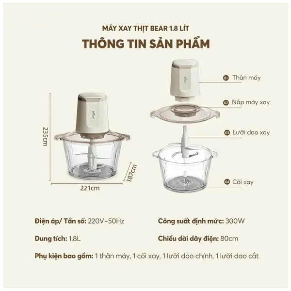 Máy Xay Thịt Bear CH-5H03P36 1.8 Lít