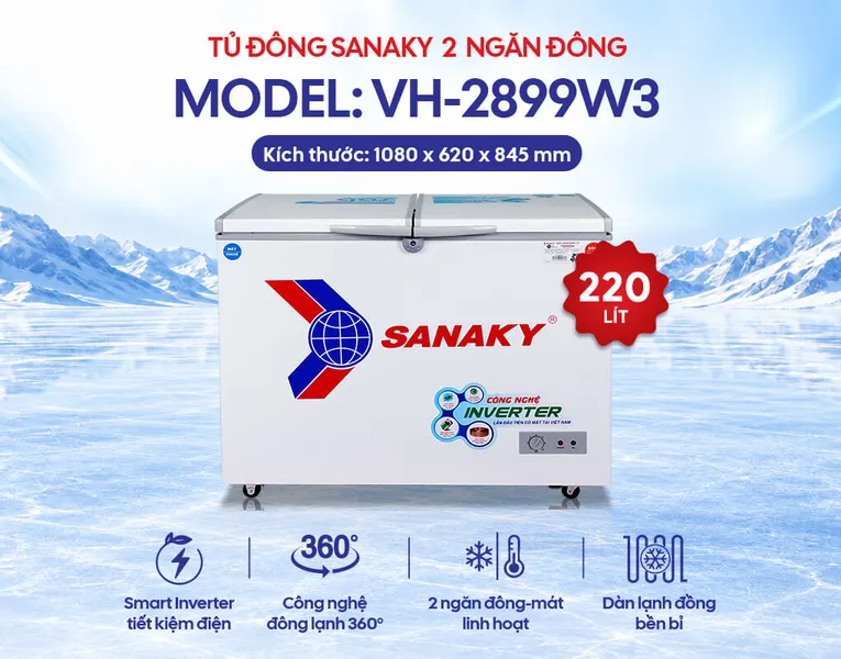 Tủ Đông Mát Sanaky Inverter 220 Lít VH-2899W3