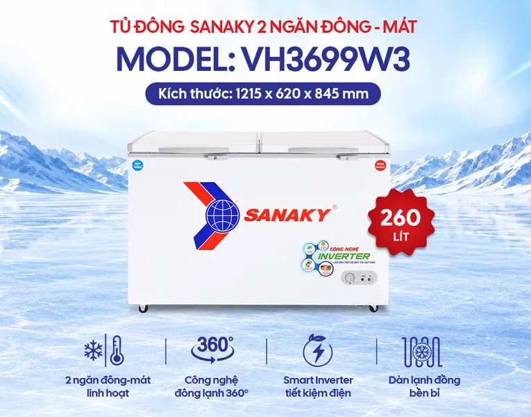 Tủ Đông Mát Sanaky Inverter 260 Lít VH-3699W3