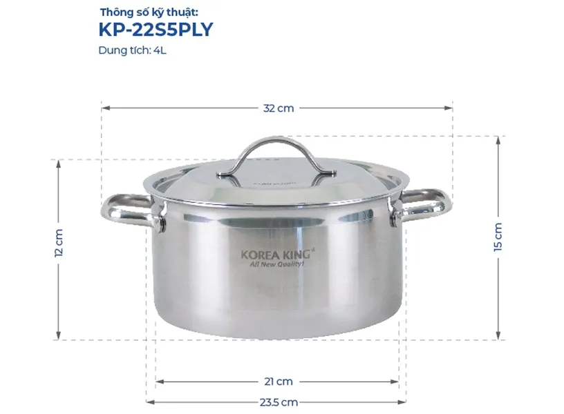 Nồi Inox 5 Lớp Đáy Liền Korea King KP-22S5PLY 4 Lít