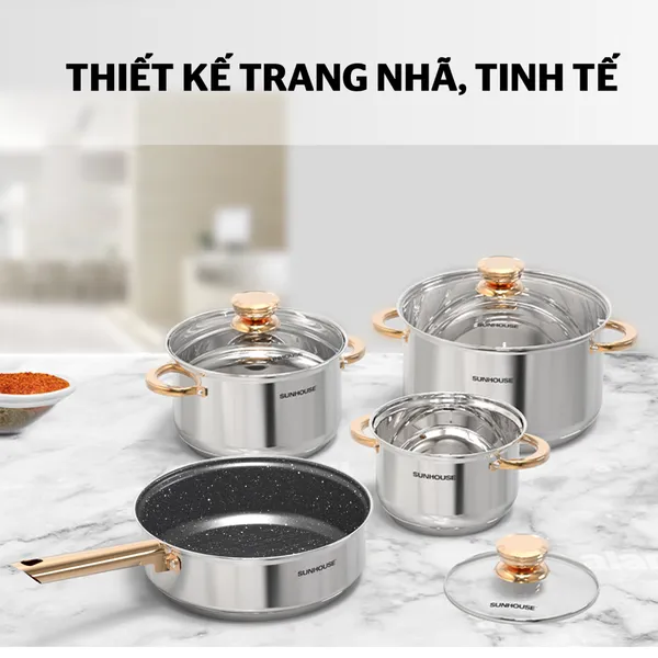 Bộ Nồi Chảo Inox 5 Đáy Sunhouse SHG789