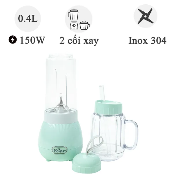 Máy Xay Sinh Tố Bear Gồm Hai Cối Rời LLJ-C04W1, Màu Xanh - Hàng Quốc Tế - Bản Tiếng Anh