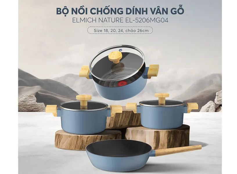 Bộ Nồi Chảo Chống Dính Vân Gỗ Elmich Nature EL-5206MG04