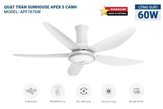 Quạt Trần 5 Cánh Có Đèn Sunhouse Apex APF7676W 60W 1