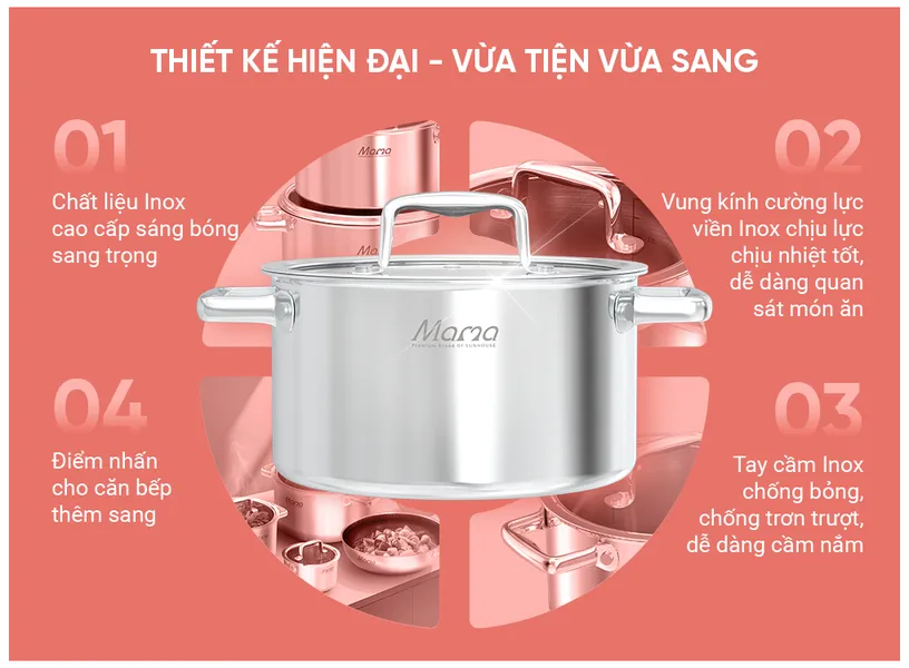 Bộ Nồi Chảo Inox Hybrid Liền Đáy Sunhouse Mama SHG810